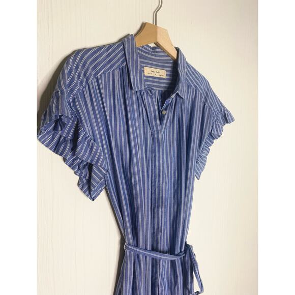 ISABELLA SINCLAIR Chambray Pinstripe Flutter Sleeve Mini Cotton Dress US LARGE - Picture 13 of 16